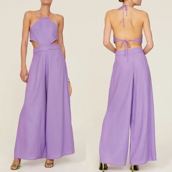 LOUNA Jumpsuit Womens Large L Lavender Backless Wide Leg Linen Blend Strappy - Picture 1 of 11